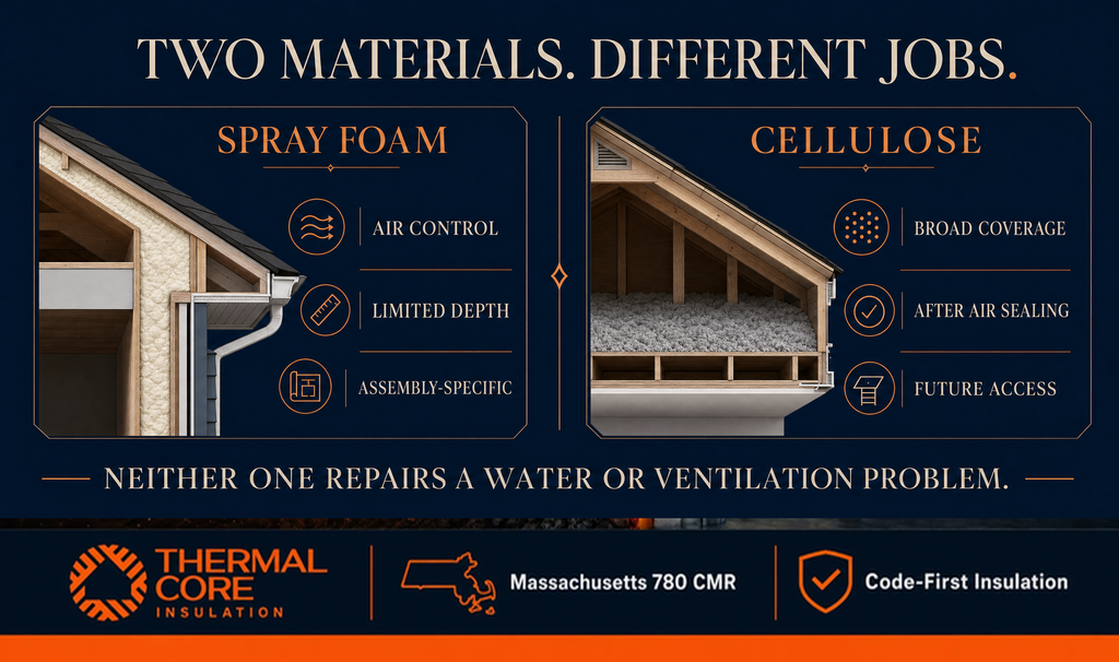Spray foam vs cellulose — two materials with different jobs, air control versus broad coverage, ThermalCore Insulation MA