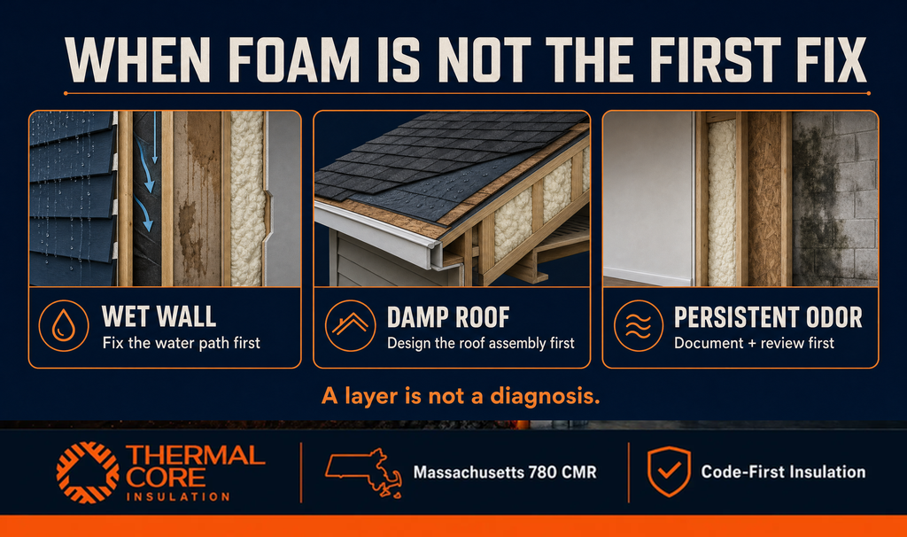 When spray foam insulation problem is not the first fix — wet wall, damp roof, and persistent odor require diagnosis before insulation, ThermalCore Insulation MA
