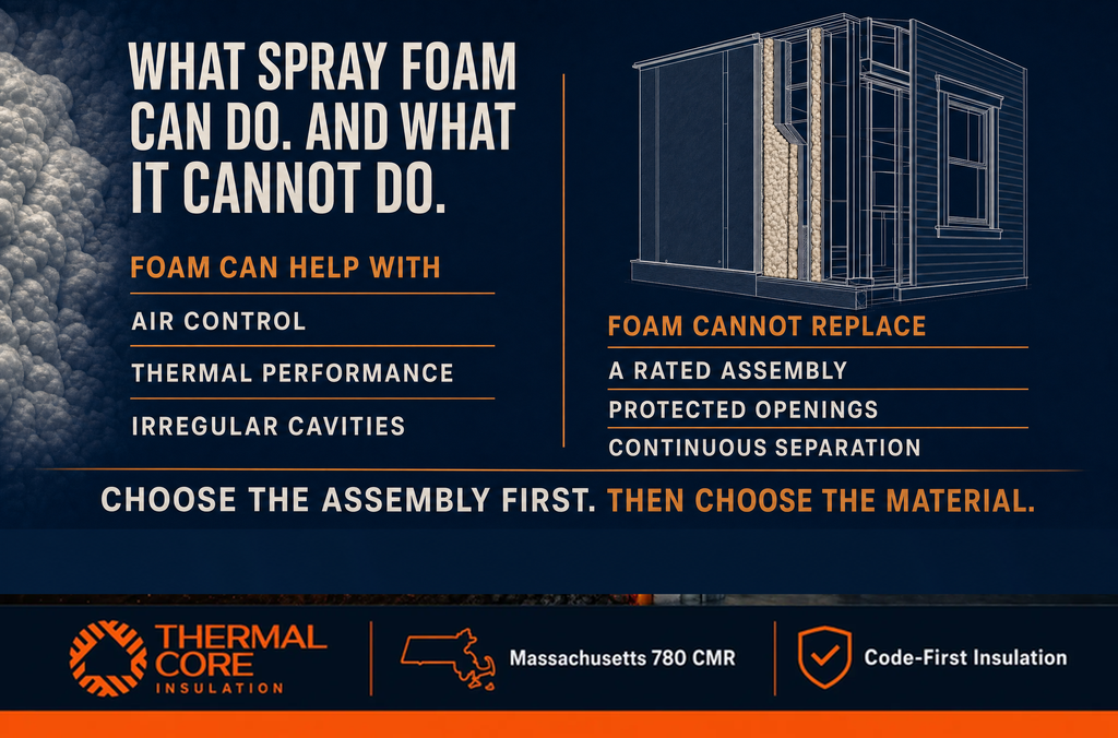What spray foam can do and cannot do — air control and thermal performance vs a rated fire separation assembly, ThermalCore Insulation MA