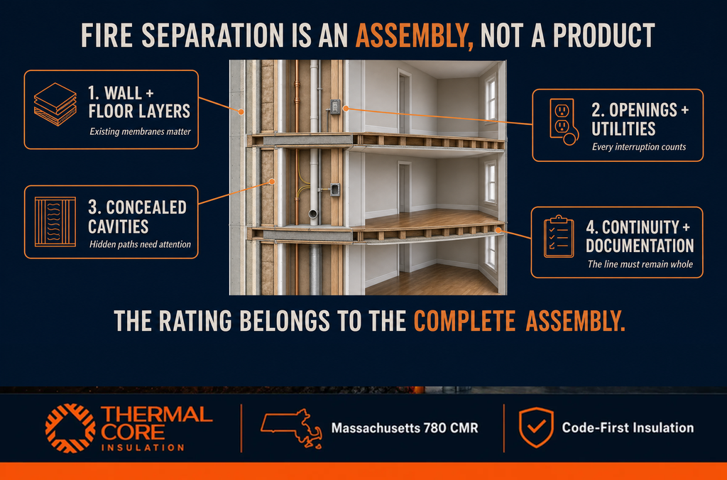 Fire separation is an assembly not a product — wall and floor layers, openings, concealed cavities, continuity, ThermalCore Insulation Massachusetts