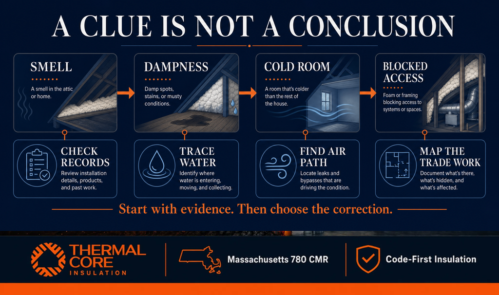 A clue is not a conclusion — smell, dampness, cold room, and blocked access as spray foam warning signs, ThermalCore Insulation Massachusetts