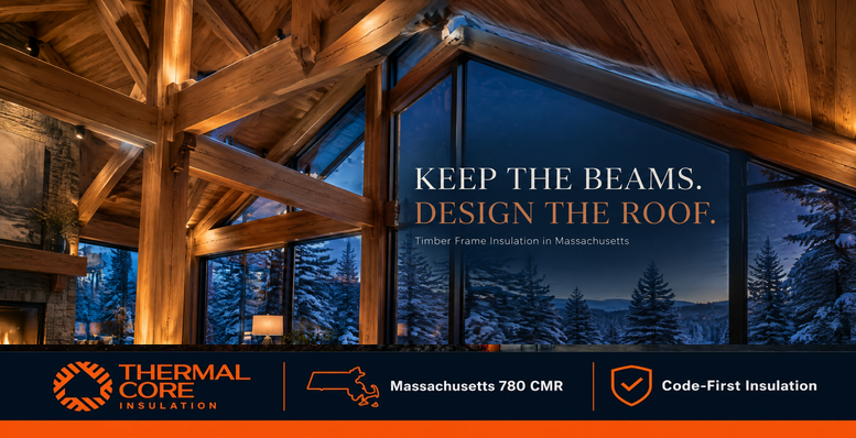 Timber frame great room with exposed beams and snowy forest views, the cover of ThermalCore Insulation's guide to timber frame insulation in Massachusetts