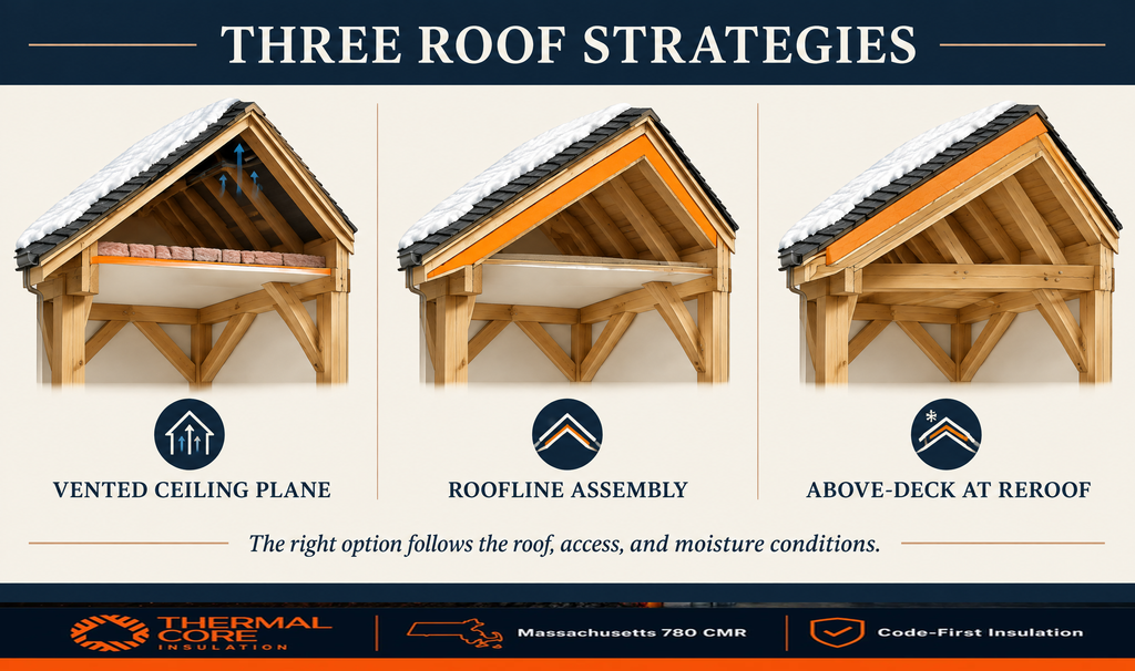Three timber frame roof insulation strategies from ThermalCore Insulation: a vented ceiling plane, an insulated roofline assembly, and above-deck insulation at reroof
