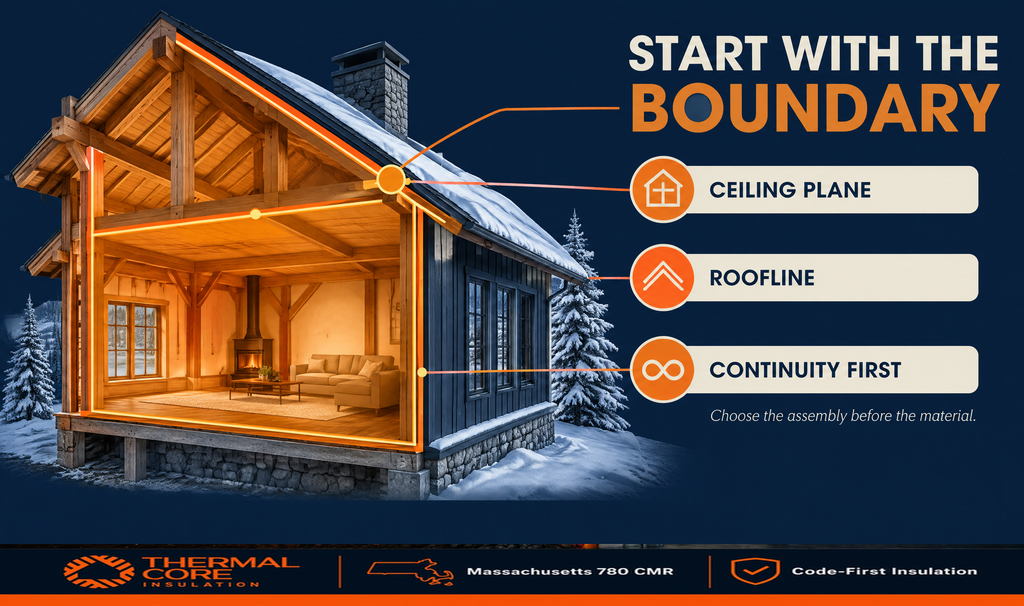 Cutaway timber frame insulation home with the thermal boundary outlined at the ceiling plane and roofline, illustrating ThermalCore's continuity-first approach to insulation