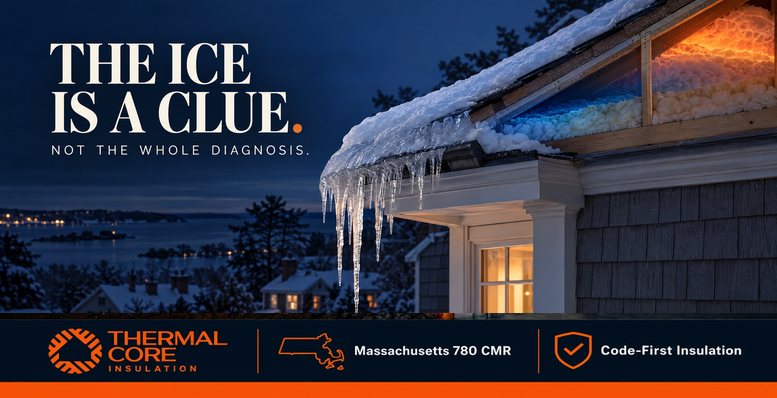 Will insulation stop ice dams? ThermalCore Insulation guide for Massachusetts homeowners on diagnosing ice dams before adding insulation.