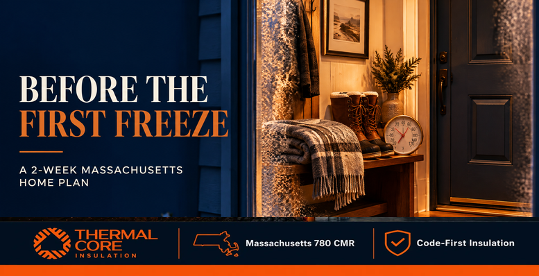 Lit entryway with winter boots, a wool blanket, and a thermometer as snow falls outside, cover of ThermalCore Insulation's two-week plan to winterize a Massachusetts home before the first freeze