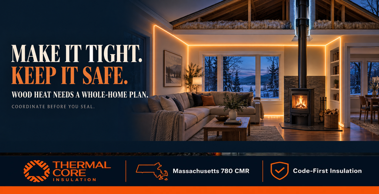 combustion air: Make it tight, keep it safe. ThermalCore Insulation guide to coordinating air sealing with wood heat in Massachusetts homes before the work begins