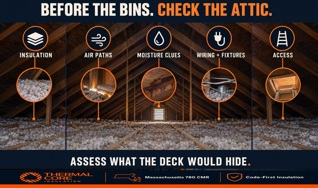 Five things to check before decking an attic storage: existing insulation, air leakage paths, moisture clues on sheathing, wiring and fixtures, and access.