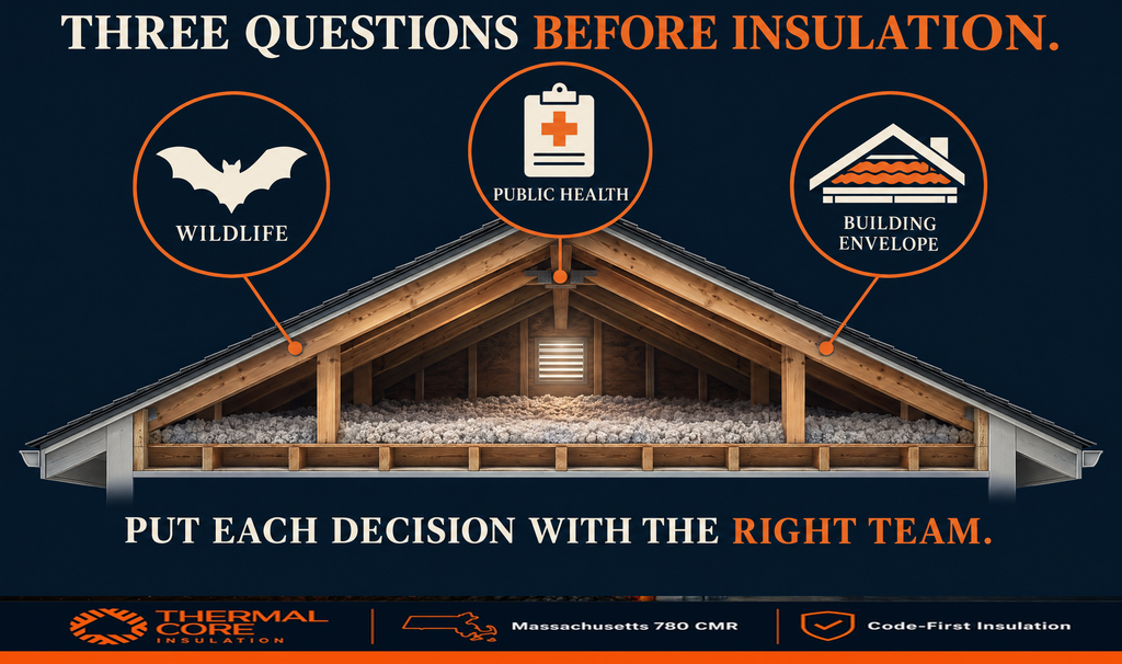 Attic cutaway separating three decisions before insulation: wildlife handling, public health guidance, and building envelope work, each with its own qualified team