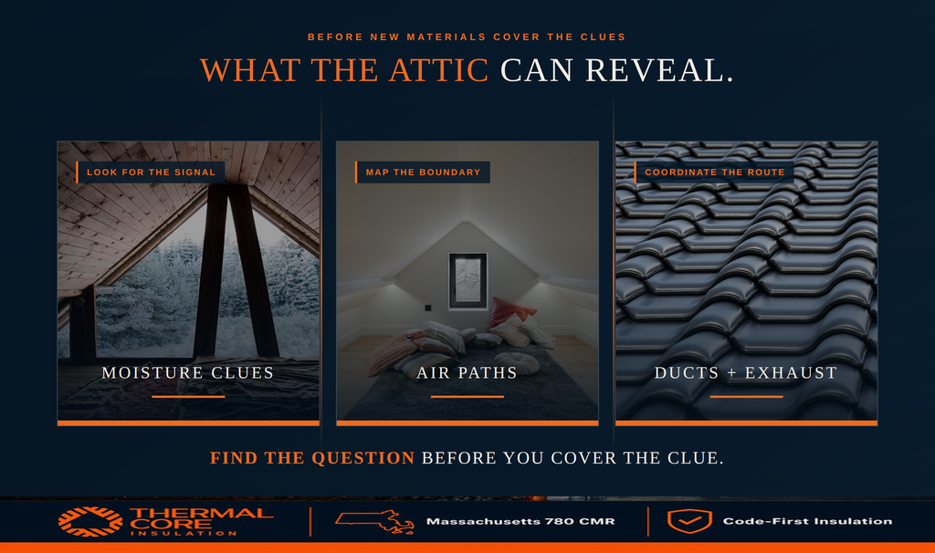 Three things to check in the attic before new materials cover them: moisture clues, air leakage paths, and ducts and exhaust terminations.