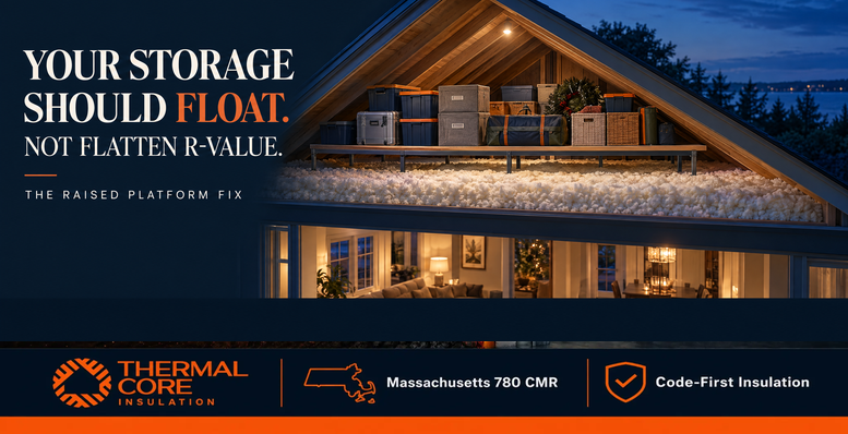Your attic storage should float, not flatten R-value. ThermalCore Insulation guide to the raised attic storage platform fix for Massachusetts homes.