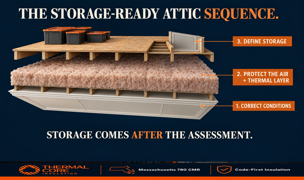 Three-step storage-ready attic storage sequence shown in a layered cutaway: correct conditions at the ceiling, protect the air and thermal layer, then define the storage platform