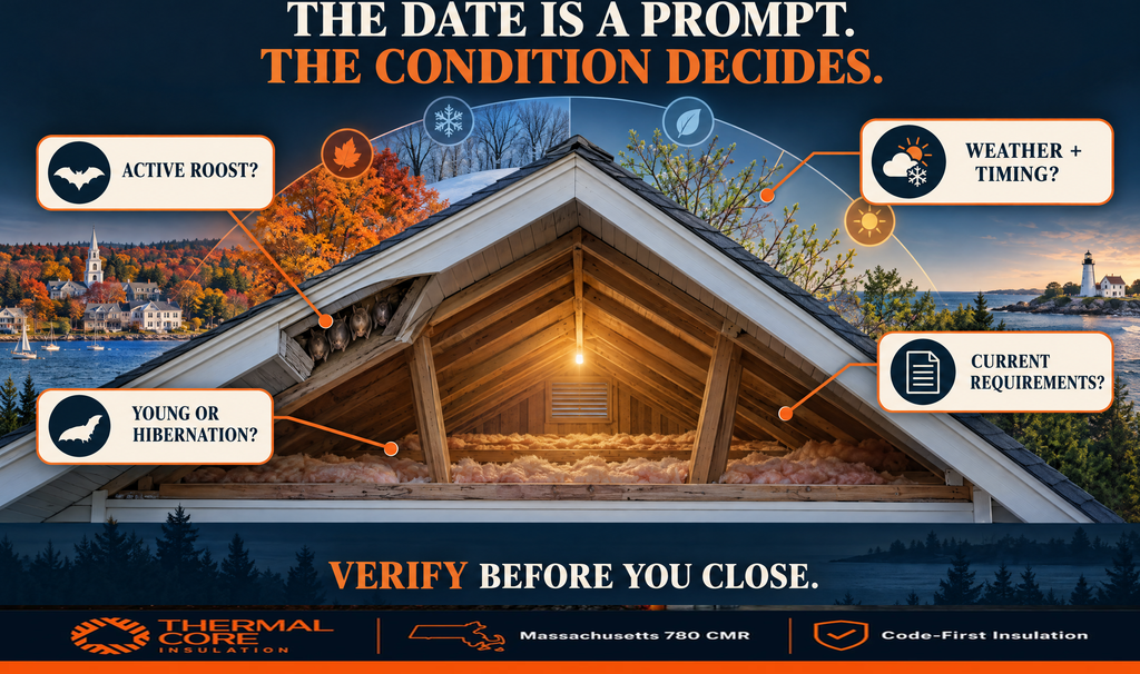 Four questions a calendar date cannot answer before sealing an attic: active roost, young or hibernation, weather and timing, and current requirements.