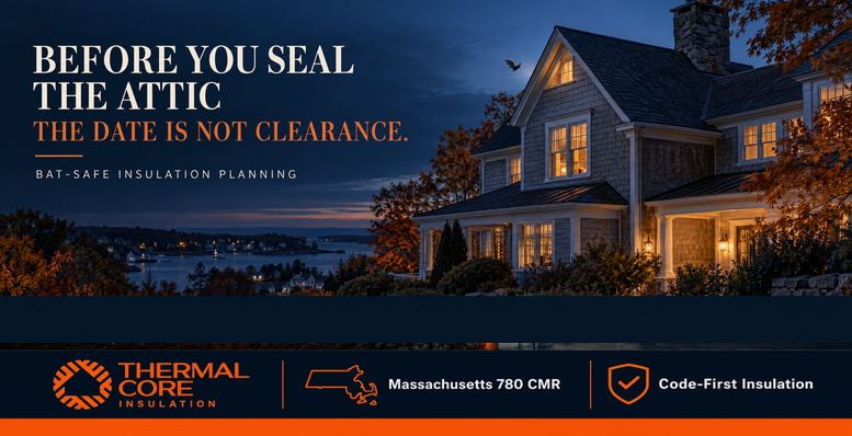 Before you seal the attic, the date is not clearance. ThermalCore Insulation guide to bat-safe insulation planning for Massachusetts homes