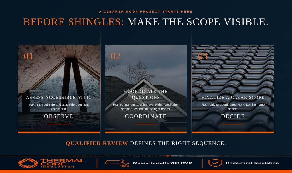 Three steps before shingles go on: assess the accessible attic, coordinate roofing, duct, chimney and wiring questions, then finalize a roof-only or coordinated scope.