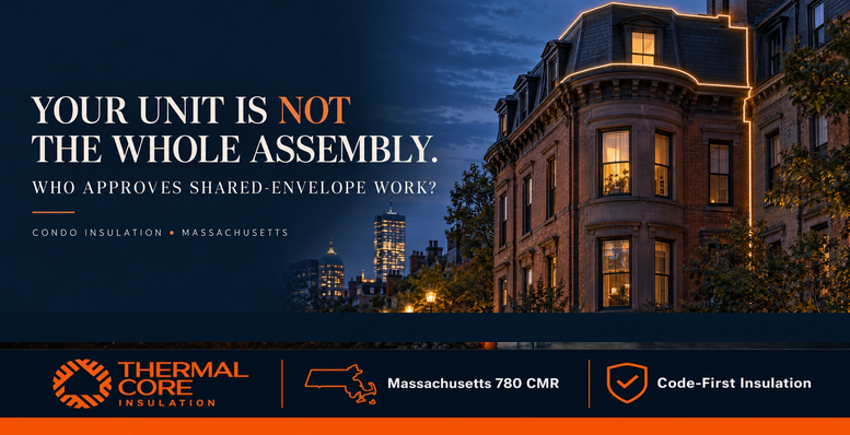 Your unit is not the whole assembly. ThermalCore Insulation guide to who approves shared-envelope condo insulation work in Massachusetts.