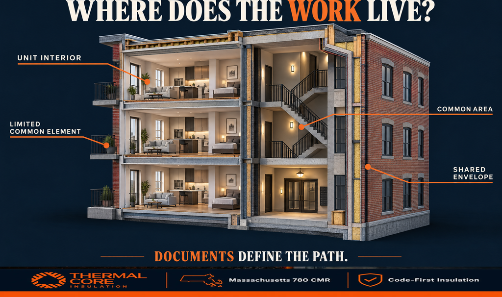 Condo building cutaway locating insulation work: unit interior, limited common element, common area, and shared envelope. The documents define the approval path.