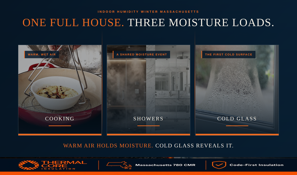 Holiday indoor humidity: Three winter moisture loads in a full house: cooking releases warm wet air, showers add a shared moisture event, and cold window glass is the first surface where it condenses.