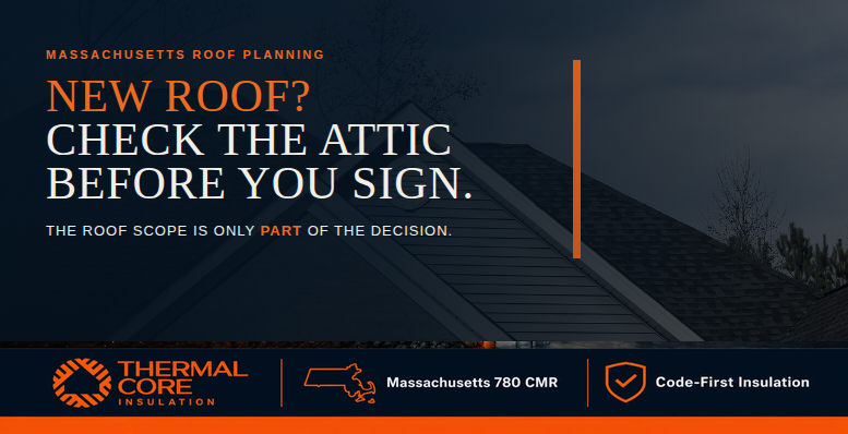 New roof? Check the attic before you sign. ThermalCore Insulation guide to Massachusetts roof planning, where the roof scope is only part of the decision