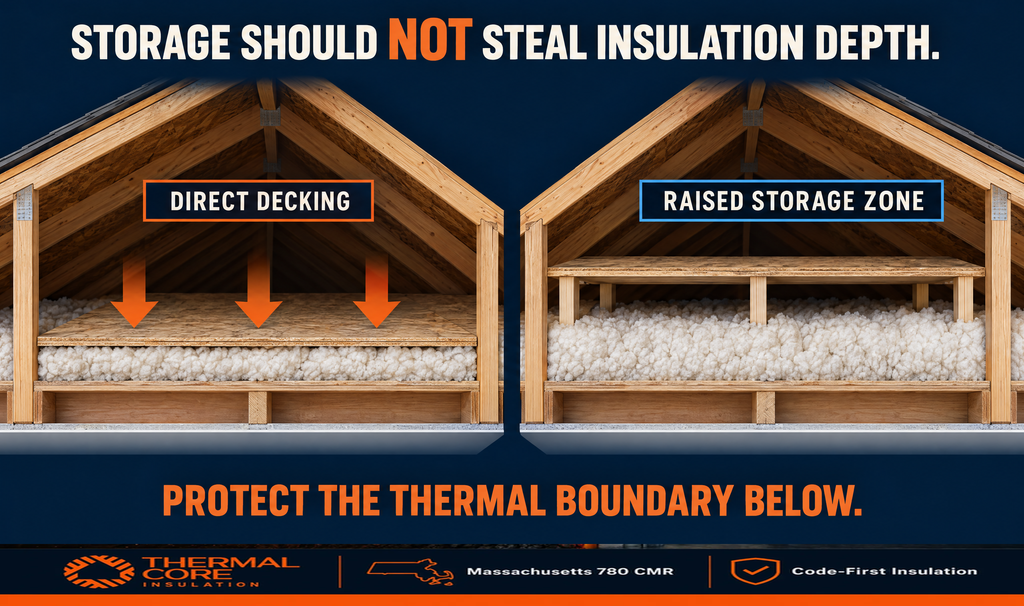 “Side-by-side attic cutaway: decking laid directly on insulation compresses it, while a raised storage platform keeps full insulation depth under the deck