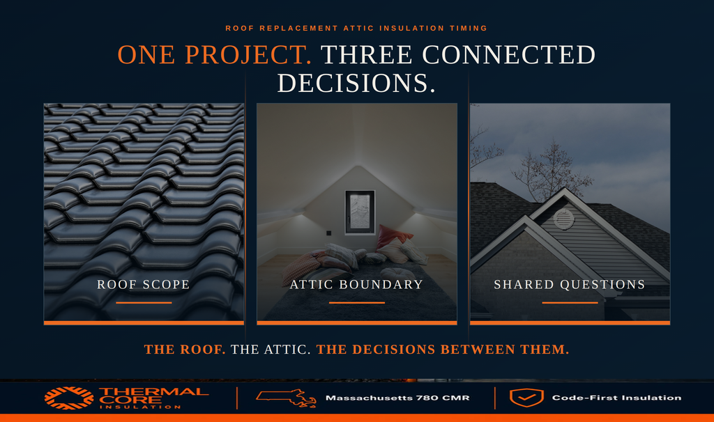 Three connected decisions in one roof attic insulation project: the roof scope, the attic thermal boundary, and the shared questions that sit between them