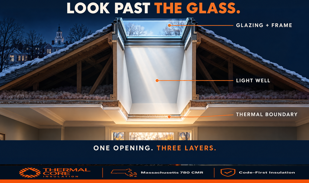 Skylight cutaway labeling three layers of one opening: glazing and frame at the roof, the light well shaft through the attic, and the thermal boundary at the ceiling