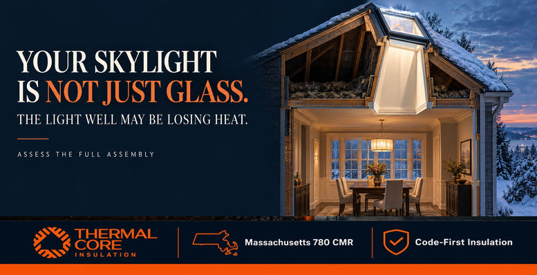 Your skylight is not just glass — the light well may be losing heat. ThermalCore Insulation guide to assessing the full skylight assembly in Massachusetts homes.