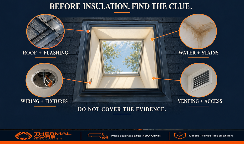 Four clues to check before insulating a skylights and light wells shaft: roof and flashing condition, water stains, wiring and fixtures, and venting and access. Do not cover the evidence.