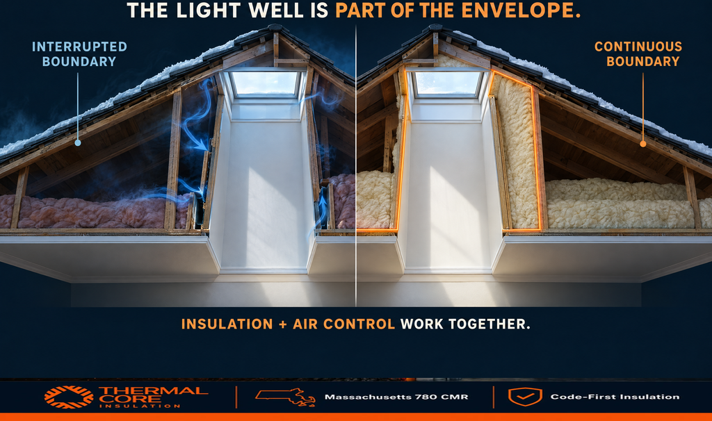 Side-by-side skylight shafts: an interrupted boundary with gaps letting air bypass the insulation, against a continuous insulated and air-sealed shaft. Insulation and air control work together