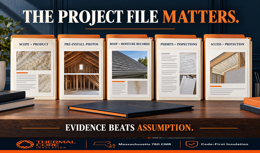 Spray foam project file folders for a home sale: scope and product, pre-install photos, roof and moisture records, permits and inspections, access and protection.