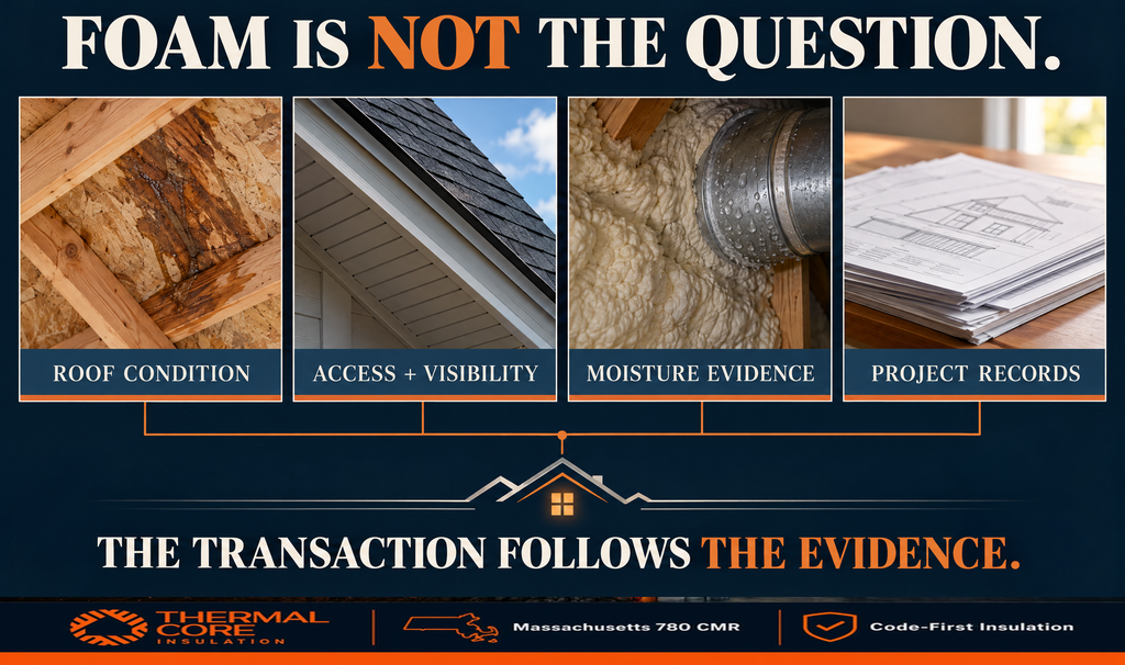 What a lender's evidence actually covers: roof condition, attic access and visibility, moisture evidence on ducts and sheathing, and project records.