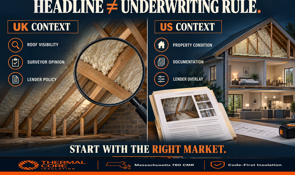 UK versus US spray foam lending context: UK surveys weigh roof visibility and surveyor opinion, US underwriting weighs property condition, documentation, and lender overlays.