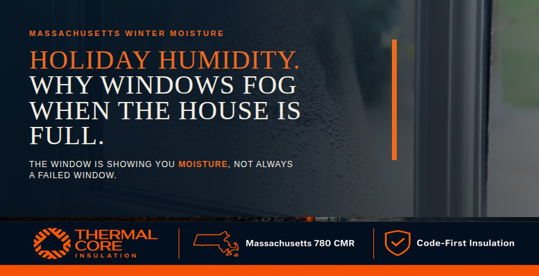 Holiday indoor humidity: why windows fog when the house is full. ThermalCore Insulation guide to Massachusetts winter moisture, where the window shows moisture rather than failure.