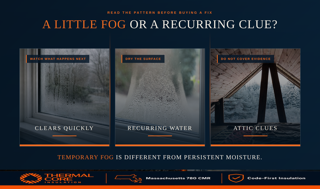 Reading the condensation pattern: fog that clears quickly, recurring water that returns after drying the surface, and attic clues that should not be covered over.
