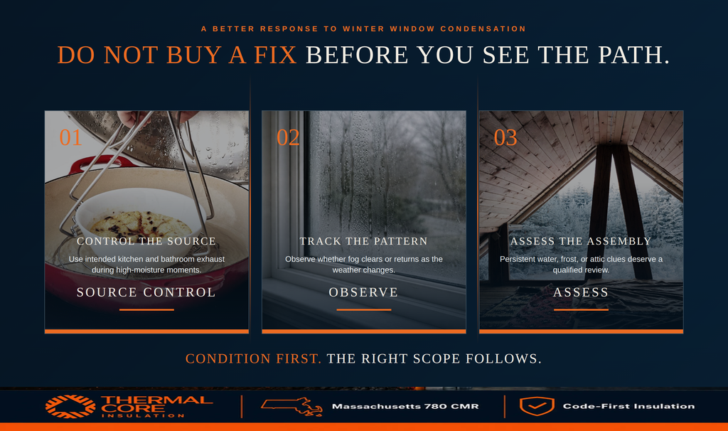 Three steps before buying a fix for winter window condensation: control the source with kitchen and bath exhaust, track whether fog clears or returns, then assess the assembly