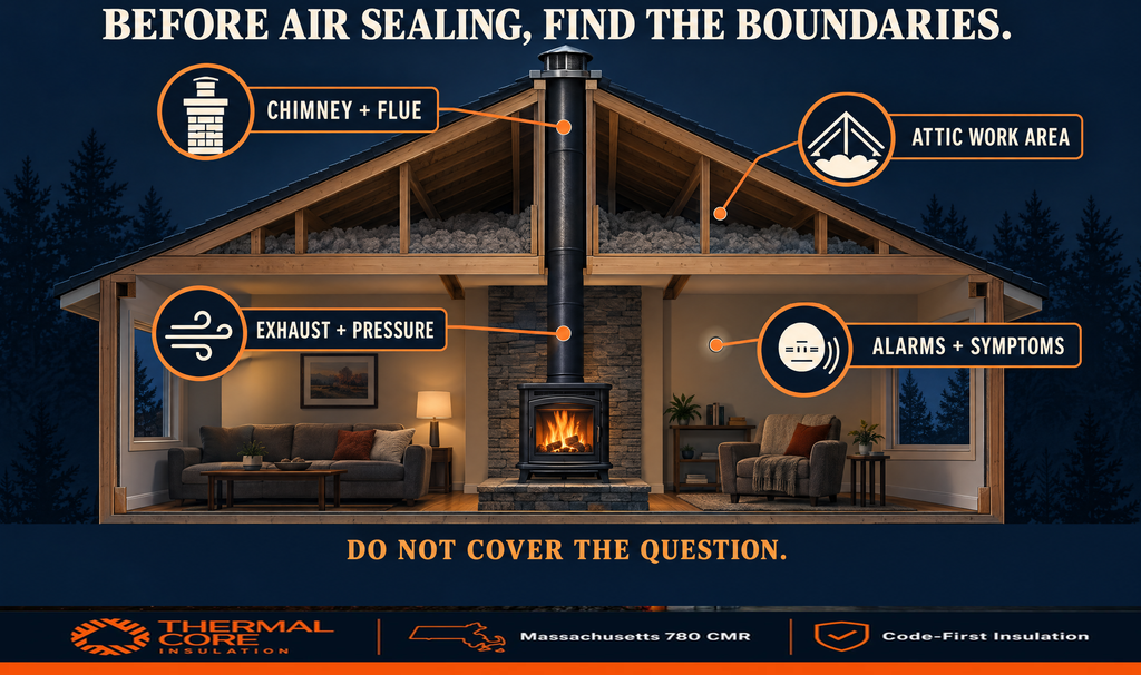 House cutaway with a wood stove marking four things to check before air sealing: chimney and flue, attic work area, exhaust and house pressure, and CO alarms and symptoms. combustion air